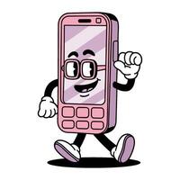 Cartoon retro walking mobile phone character with glasses and happy expression, groovy image vector