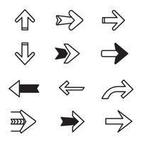 Flat pointing arrow set with direction and logo icons in solid silhouette style vector