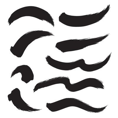 Diverse stroke set with curved pointing brush icons in bold minimal silhouette style