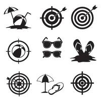 Beach travel icons mixed with aim targets in simple silhouette format vector