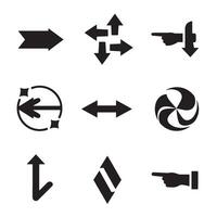 Navigation and UI icon bundle with curved arrow silhouettes and pointing hand symbols vector