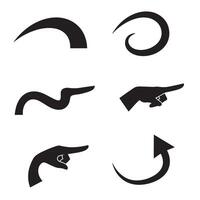 Line art curved arrow symbol set with pointing hand icons and navigation silhouettes vector