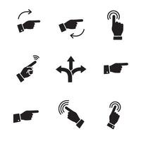 Simple icon set with curved arrow designs and pointing hand silhouettes for signage vector