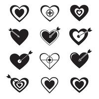 Creative target icon set with heart shapes in bold and simple silhouettes vector
