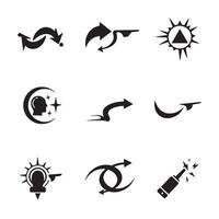 Set of curved arrow icons and hand symbols for direction and navigation in silhouette style vector