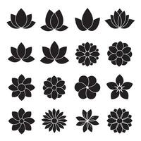Black floral design elements with tulip and lotus icon shapes for print and logo artwork vector
