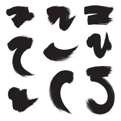 Smooth curve stroke designs and brush gesture icons in a complete silhouette set