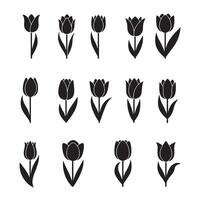 Black tulip flower icons with simple silhouette shapes for decorative use vector