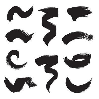 Bundle of smooth curved brush icons and gesture pointing strokes in black silhouette