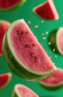 Sliced watermelon falling on green background with seeds splashing photo