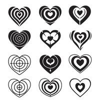 Heart shape target icon set in silhouette style for love game and romantic design vector