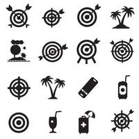 Icon group of target and vacation illustrations in solid silhouette format vector
