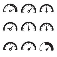 Speedometer and tachometer icons with dashboard fuel RPM elements in silhouette design vector