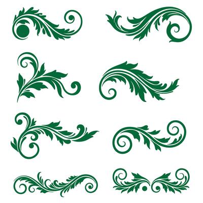 Swirl leaves ornament set used in nature inspired art and botanical decorative themes