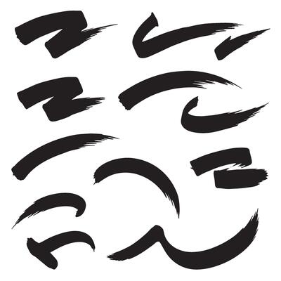 Bundle of pointing curve strokes and artistic brushes in bold silhouette graphic style