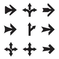 Collection of navigation arrows and pointing logo icons in flat silhouette layout vector