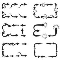 Bold design bundle of curved arrows pointing hands and direction icon silhouettes vector