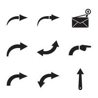 Silhouette pack of curved navigation arrows and hand symbols with line art elements vector