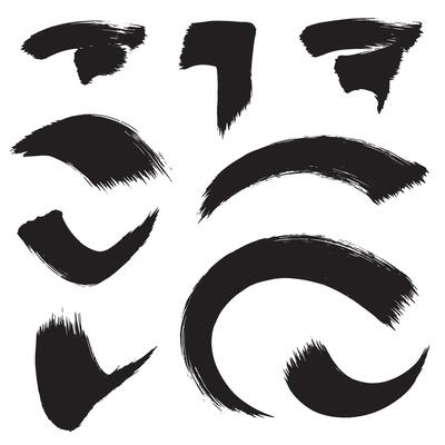 Stroke brush design pack with diverse curved and pointing elements in silhouette