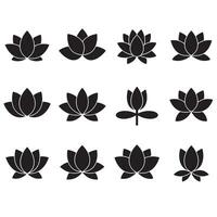 Black lotus flower icon set with minimal line silhouettes for branding vector