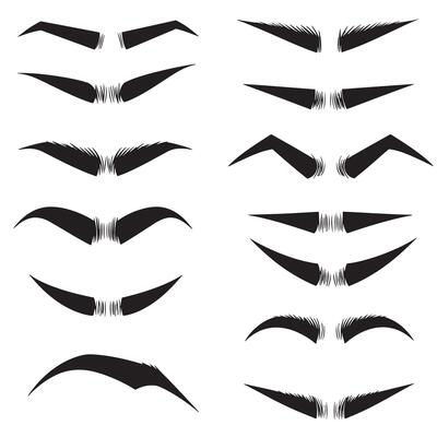 Fashion eyebrow icon collection with various bold brow styles in silhouette
