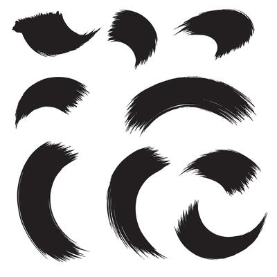 Hand drawn brush curve icons and pointing stroke shapes in silhouette format for art