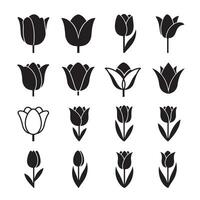 Assorted tulip flower shapes in bold black silhouette for botanical graphics vector