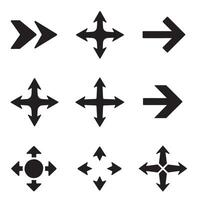 Diverse pointing direction icon bundle with flat arrows and logo silhouettes for UI vector