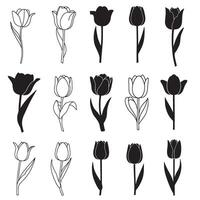 Tulip flower icon set in bold silhouette style for spring floral design and decoration vector