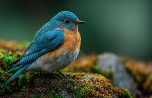 Mountain bluebird perching on mossy rock in misty forest photo