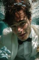 Groom wearing white tuxedo and bow tie swimming underwater photo