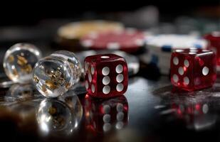 Red dice and casino chips reflecting on wet black surface photo