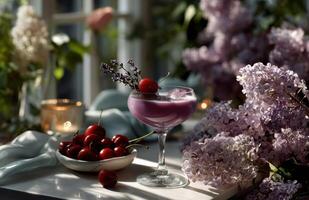 Elegant coupe glass with purple drink, cherries, and lavender garnish on a table photo