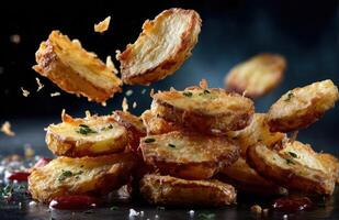 Roasted potatoes falling on a pile, creating a delicious dish photo