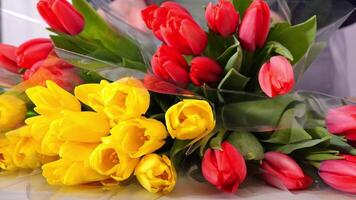 Bright bouquet of yellow daffodils and red tulips being gently arranged on white surface video