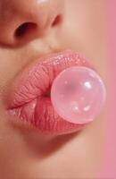 Woman blowing pink chewing gum bubble with glossy lips on pink background photo