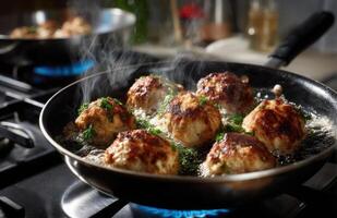 Chef frying meatballs in a pan on gas stove in kitchen photo