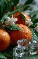 Tangerines with flowers and ice cubes splashing in water photo