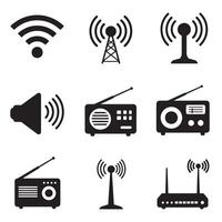 Sleek wireless signal and antenna symbol silhouettes for wifi radio and sound branding vector