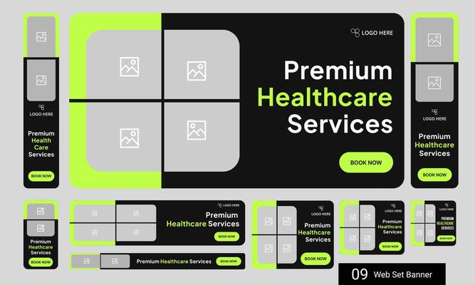 Cutting edge technology healthcare services web set banner design for social media post, daily medical services web bundle banner design, fully customizable eps 10 file format