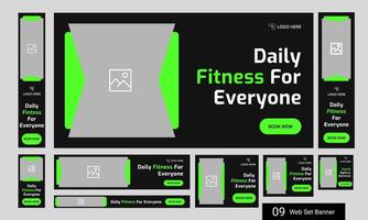 Daily routine body fitness services web bundle banner design for social media post, daily exercise methods web set banner design, fully customizable eps 10 file format vector