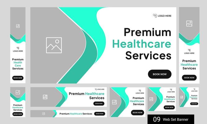 Clean and professional digital healthcare services web set banner design for social media post, daily medical services web bundle banner design, fully customizable eps 10 file format