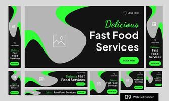 Food delivery services web set banner design for social media posts, food menu google ads web bundle banner templates vector