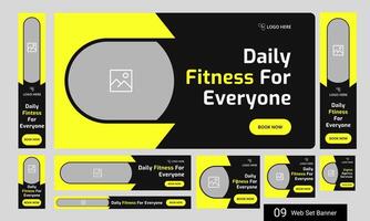 Creative body fitness services web set banner design for social media post, daily workout plan web bundle banner design, fully editable eps 10 file format vector