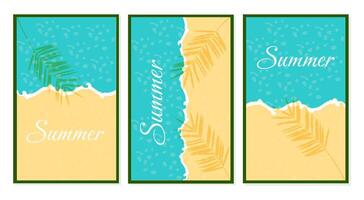 Set of summer posters with palm leaves and beach. Vertical backgrounds. vector