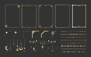 Golden frame border templates with celestial design elements. Celestial dividers, pendants and borders with space decorations, crescents and stars vector