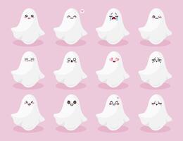 Cute ghost emoji set. Collection of ghost icons with different emotions vector