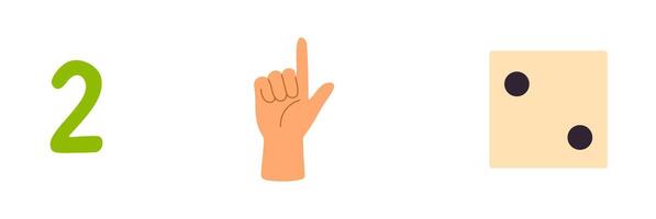 Number 2 with two fingers and two-dot dice for early math learning vector