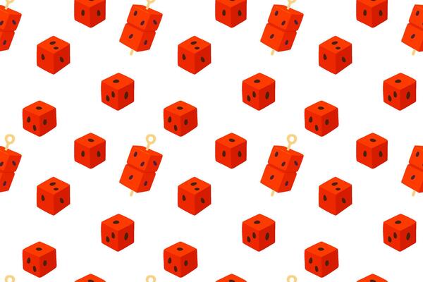 Seamless pattern of cube-shaped red watermelon with stick handles on a white background
