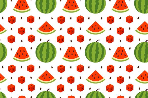 Playful seamless pattern with whole round watermelons and red cube-shaped watermelon